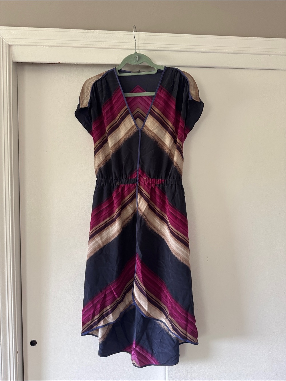 Anthropologie Chevron High-Low V-Neck Dress in Navy, Berry & Beige